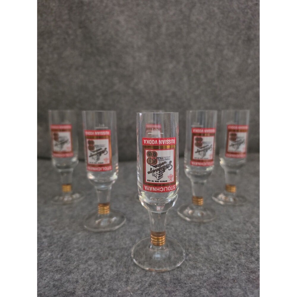 Set Of 6 Stoli Stolichnaya Russian Vodka Stemmed 4 Cl Footed Shot Glasses